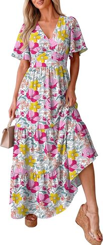 Caracilia Womens Summer Maxi Dresses Casual Ruffle Short Sleeve V Neck Tiered A-Line Flowy Boho Beach Long Dress with Pockets in Saudi Arabia