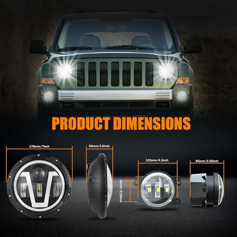 مصباح أمامي مقاس 7 بوصات + مصباح أمامي للضباب مقاس 4 بوصات متوافق مع 2001-2016 Freightliner Coronado، شعاع مختوم عالي منخفض بقدرة 130 وات مع إشارة DRL بيضاء وإشارة انعطاف كهرمانية، أبيض زينون 6000 كلفن، قابس N Play، حزمة من 4 قطع in Kuwait