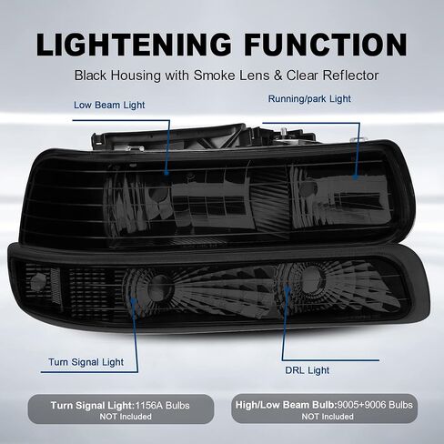 MOSTPLUS Headlight Assembly Compatible with 1999-2002 Chevrolet Silverado 1500 2500 2000-2006 Suburban 1500 2500 Tahoe Front Lamp with Black Housing/Smoke Tinted Lens/Clear Reflector in Saudi Arabia