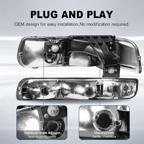 MOSTPLUS Headlight Assembly Compatible with 1999-2002 Chevrolet Silverado 1500 2500 2000-2006 Suburban 1500 2500 Tahoe Front Lamp with Black Housing/Smoke Tinted Lens/Clear Reflector in Saudi Arabia