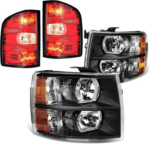 Black Amber Headlights Tail Lights Assembly Combo Compatible with 2008 2009 2010 2011 2013 Chevy Silverado Head Lights Rear Rear Brake Lamp, Factory Style in Saudi Arabia