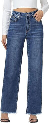 Foucome Women's Jeans High Waisted Straight Leg Jeans for Women Stretchy Frayed Raw Hem Baggy Denim Pants in Saudi Arabia