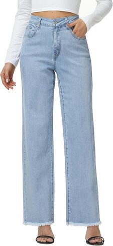 Foucome Women's Jeans High Waisted Straight Leg Jeans for Women Stretchy Frayed Raw Hem Baggy Denim Pants in Saudi Arabia
