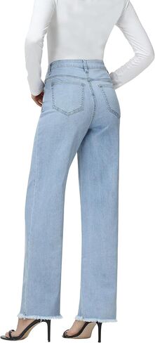 Foucome Women's Jeans High Waisted Straight Leg Jeans for Women Stretchy Frayed Raw Hem Baggy Denim Pants in Saudi Arabia