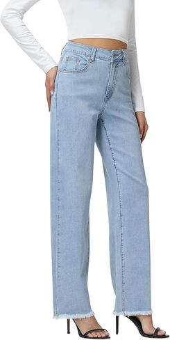 Foucome Women's Jeans High Waisted Straight Leg Jeans for Women Stretchy Frayed Raw Hem Baggy Denim Pants in Saudi Arabia