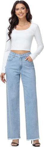 Foucome Women's Jeans High Waisted Straight Leg Jeans for Women Stretchy Frayed Raw Hem Baggy Denim Pants in Saudi Arabia