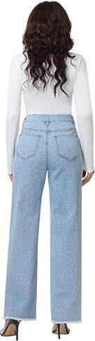 Foucome Women's Jeans High Waisted Straight Leg Jeans for Women Stretchy Frayed Raw Hem Baggy Denim Pants in Saudi Arabia