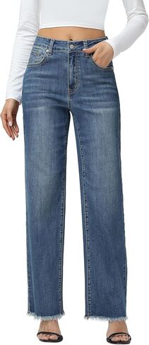 Foucome Women's Jeans High Waisted Straight Leg Jeans for Women Stretchy Frayed Raw Hem Baggy Denim Pants in Saudi Arabia