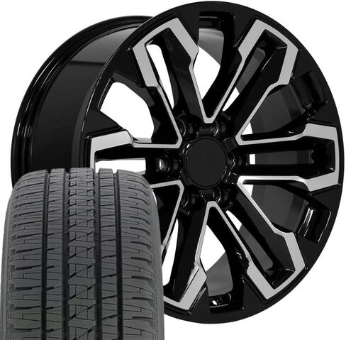 إطارات وإطارات OE Wheels CV69 مقاس 20 بوصة تناسب Silverado 1500 Style 6x139.7 20x9 مصنعة باللون الأسود اللامع - هولاندر 5905 - Dueler Alenza HL Plus 275/55-20 (مجموعة من 4) in Saudi Arabia