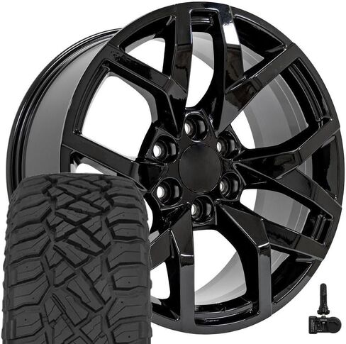 إطارات وإطارات OE Wheels CV66 مقاس 20 بوصة تناسب Suburban 1500 Z71 Style 6x139.7 20x9 أسود لامع - هولاندر 14076 - TerraMax RT 275/55-20 (مجموعة من 4) in Saudi Arabia