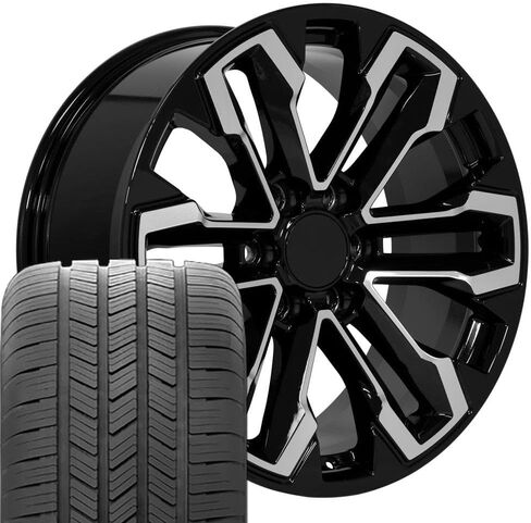 OE Wheels CV69 20 Inch Rims and Tires Fit Silverado 1500 Style 6x139.7 20x9 Gloss Black Machined - Hollander 5905 - Eagle LS2 275/55-20 (Set of 4) in Saudi Arabia