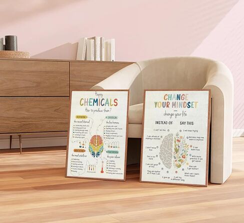 2Pcs Mental Health Happy Chemicals Wall Art Change Your Mindset Motivational Poster Prints Therapy Office Canvas Pictures Counseling Office School Counselor Wall Decor 12x16in Unframed in Saudi Arabia