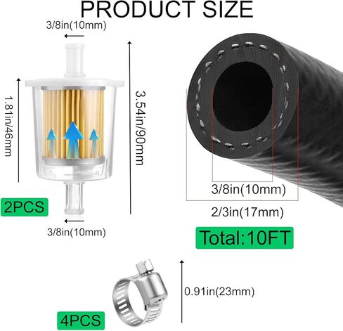 3/8Inch (10MM) ID Fuel Line kits,6Ft Fuel Line&2Pcs Gas Inline Fuel Filter Fits 3/8inch&4 Pcs Mini Adjustable Fuel Hose Clamps for Motorcycles,ATV,Lawn Mowers,Small Tractors Garden Tillers in Kuwait