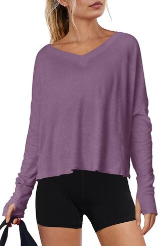 Yanekop Womens Long Sleeve Workout Tops V Neck Athletic Shirts Crop Gym Yoga Tops Basic Boxy Running Tee Shirts in Kuwait