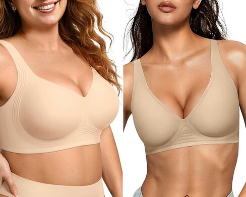 OEAK Womens Wireless Jelly Bra Plus Size Seamless Deep V Bras Nude+Semolina L in Saudi Arabia
