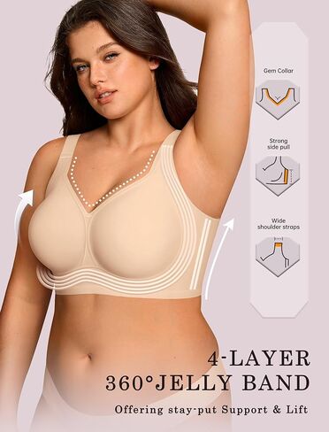 OEAK Womens Wireless Jelly Bra Plus Size Seamless Deep V Bras Nude+Semolina L in Saudi Arabia