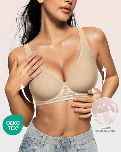 OEAK Womens Wireless Jelly Bra Plus Size Seamless Deep V Bras Nude+Semolina L in Saudi Arabia