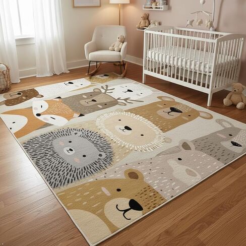 Cute Woodland Animal Rug for Kids Room - 5x8 ft Cartoon Bear Fox Lion Hedgehog Print Area Rug, Soft Non-Slip Floor Mat for Living Room, Nursery, Bedroom - Beige Brown Grey Animal Pattern Carpet in Saudi Arabia