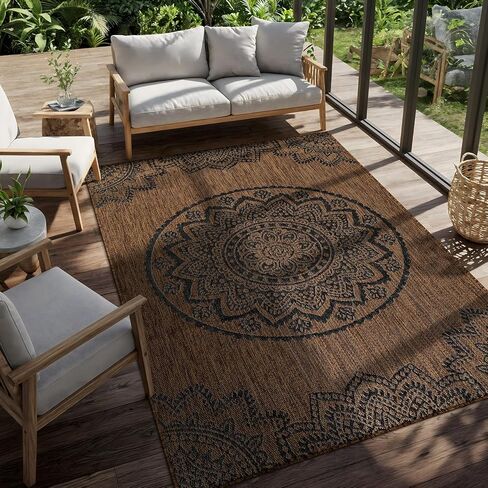 سجادة CAMILSON للأماكن الخارجية مقاس 10 × 14 سجاد عصري كبير الحجم للباحات والشرفات الداخلية والخارجية - سجادة خارجية قابلة للغسل وغير قابلة للتساقط وسهلة التنظيف (10 × 14 ميدالية - ذهبي/أسود) in Kuwait