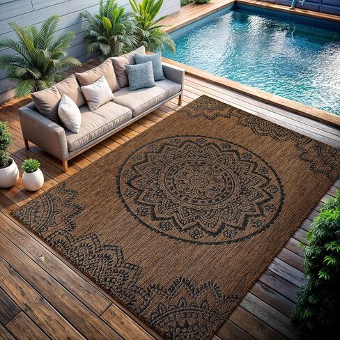 سجادة CAMILSON للأماكن الخارجية مقاس 10 × 14 سجاد عصري كبير الحجم للباحات والشرفات الداخلية والخارجية - سجادة خارجية قابلة للغسل وغير قابلة للتساقط وسهلة التنظيف (10 × 14 ميدالية - ذهبي/أسود) in Kuwait