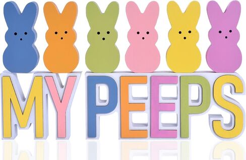 Easter Bunny Decorations for Home, 8PCS Wooden Easter Bunnies with 3D MY/PEEPS Signs, Spring Tiered Tray Decor Set for Table Centerpiece, Office, Holiday Display (6 colors) in Kuwait