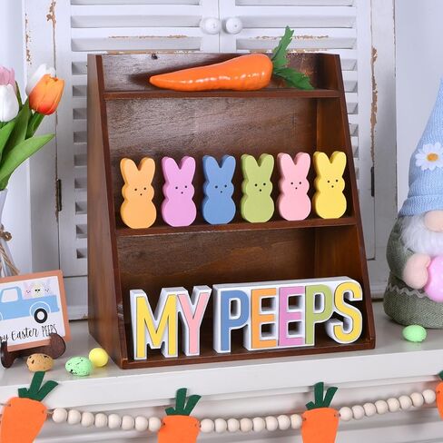 Easter Bunny Decorations for Home, 8PCS Wooden Easter Bunnies with 3D MY/PEEPS Signs, Spring Tiered Tray Decor Set for Table Centerpiece, Office, Holiday Display (6 colors) in Kuwait