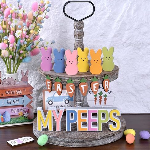 Easter Bunny Decorations for Home, 8PCS Wooden Easter Bunnies with 3D MY/PEEPS Signs, Spring Tiered Tray Decor Set for Table Centerpiece, Office, Holiday Display (6 colors) in Kuwait