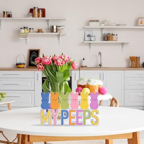 Easter Bunny Decorations for Home, 8PCS Wooden Easter Bunnies with 3D MY/PEEPS Signs, Spring Tiered Tray Decor Set for Table Centerpiece, Office, Holiday Display (6 colors) in Kuwait