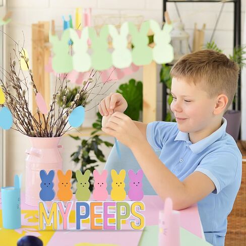 Easter Bunny Decorations for Home, 8PCS Wooden Easter Bunnies with 3D MY/PEEPS Signs, Spring Tiered Tray Decor Set for Table Centerpiece, Office, Holiday Display (6 colors) in Kuwait