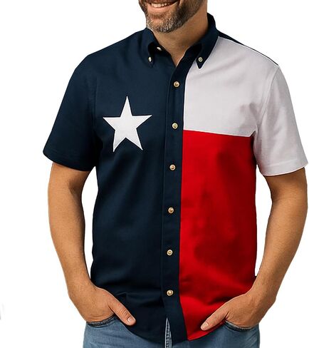 Texas Lone Star Flag Twill Shirt Men Short Sleeves Button Down 100% Brushed Cotton, Woodtone Buttons, Full Cut in Saudi Arabia