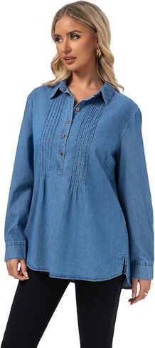 FASHIONSPARK Women’s Denim Shirt 3/4 Sleeve Button Down Jean Blouse, Loose Fit Casual Top with Pintuck Detail in Kuwait