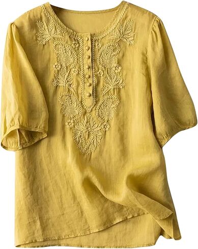 Womens Linen Shirts Breathable Short Sleeve Cotton Blouse Loose Crewneck Button Casual Office Tops in Saudi Arabia