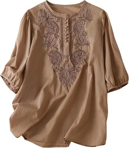 Womens Linen Shirts Breathable Short Sleeve Cotton Blouse Loose Crewneck Button Casual Office Tops in Saudi Arabia