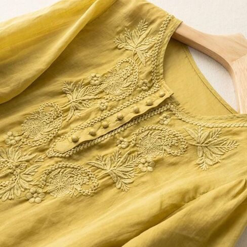 Womens Linen Shirts Breathable Short Sleeve Cotton Blouse Loose Crewneck Button Casual Office Tops in Saudi Arabia