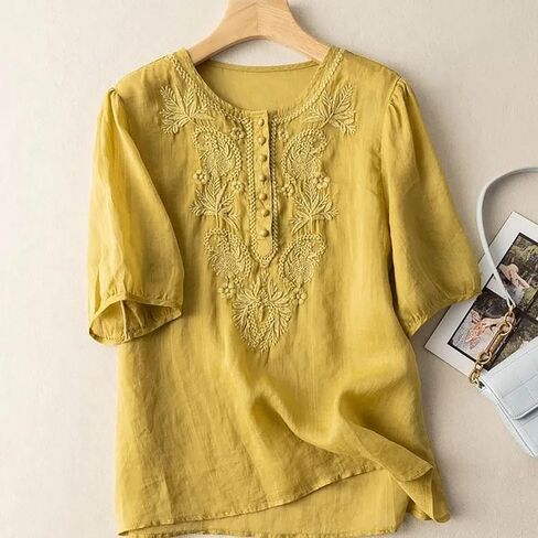 Womens Linen Shirts Breathable Short Sleeve Cotton Blouse Loose Crewneck Button Casual Office Tops in Saudi Arabia
