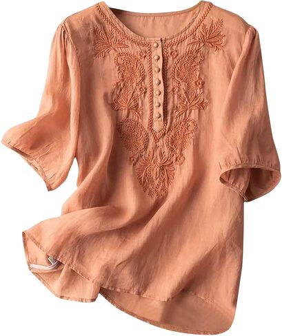 Womens Linen Shirts Breathable Short Sleeve Cotton Blouse Loose Crewneck Button Casual Office Tops in Saudi Arabia