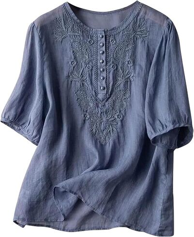 Womens Linen Shirts Breathable Short Sleeve Cotton Blouse Loose Crewneck Button Casual Office Tops in Saudi Arabia