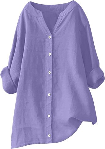 Womens Button Down Shirts Oversized V-Neck Linen Tops Casual Long Sleeve Cotton Blend Blouse Summer Outfits in Saudi Arabia