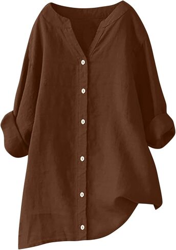 Womens Button Down Shirts Oversized V-Neck Linen Tops Casual Long Sleeve Cotton Blend Blouse Summer Outfits in Saudi Arabia