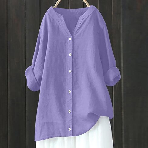 Womens Button Down Shirts Oversized V-Neck Linen Tops Casual Long Sleeve Cotton Blend Blouse Summer Outfits in Saudi Arabia