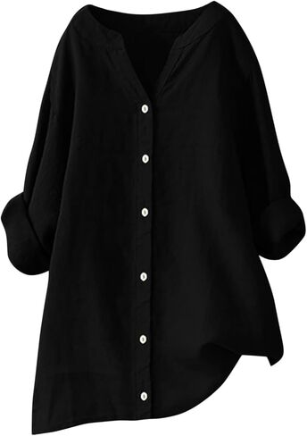 Womens Button Down Shirts Oversized V-Neck Linen Tops Casual Long Sleeve Cotton Blend Blouse Summer Outfits in Saudi Arabia