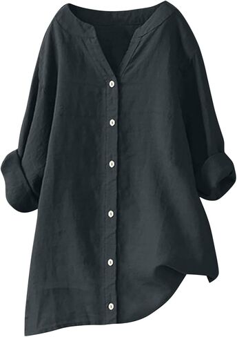 Womens Button Down Shirts Oversized V-Neck Linen Tops Casual Long Sleeve Cotton Blend Blouse Summer Outfits in Saudi Arabia