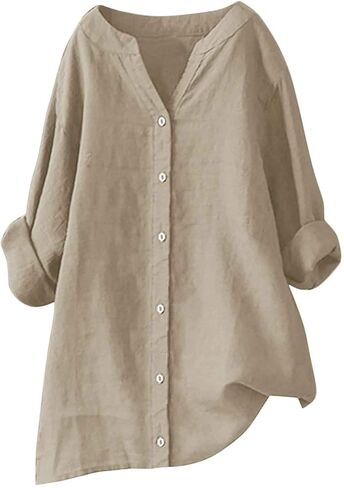 Womens Button Down Shirts Oversized V-Neck Linen Tops Casual Long Sleeve Cotton Blend Blouse Summer Outfits in Saudi Arabia