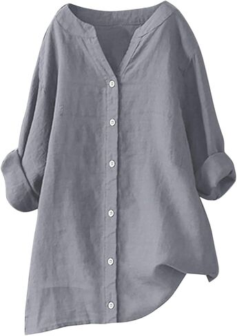 Womens Button Down Shirts Oversized V-Neck Linen Tops Casual Long Sleeve Cotton Blend Blouse Summer Outfits in Saudi Arabia