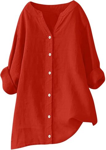 Womens Button Down Shirts Oversized V-Neck Linen Tops Casual Long Sleeve Cotton Blend Blouse Summer Outfits in Saudi Arabia