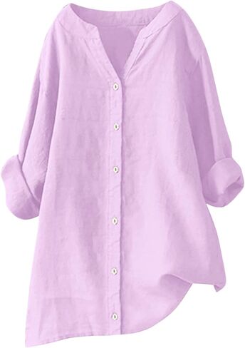Womens Button Down Shirts Oversized V-Neck Linen Tops Casual Long Sleeve Cotton Blend Blouse Summer Outfits in Saudi Arabia