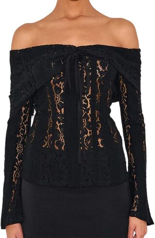 المرأة معطلة الكتف قمم شير الدانتيل كم طويل قميص عارية الذراعين ضئيلة بلوزة مثير حزب Clubwear in Saudi Arabia
