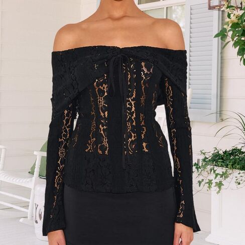 المرأة معطلة الكتف قمم شير الدانتيل كم طويل قميص عارية الذراعين ضئيلة بلوزة مثير حزب Clubwear in Saudi Arabia