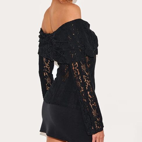 المرأة معطلة الكتف قمم شير الدانتيل كم طويل قميص عارية الذراعين ضئيلة بلوزة مثير حزب Clubwear in Saudi Arabia