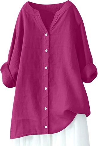 Womens Button Down Shirts Oversized V-Neck Linen Tops Casual Long Sleeve Cotton Blend Blouse Summer Outfits in Saudi Arabia